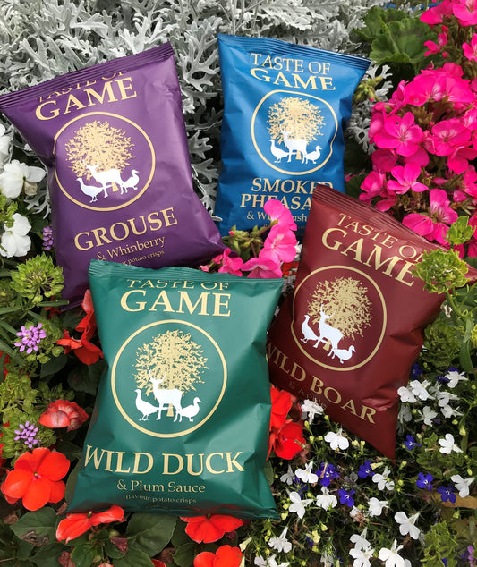 Mixed Box - Wild Boar and Apple, Wild Duck and Plum, Grouse and Whinberry, Smoked Pheasant and Mushroom Crisps 40g (Case of 24)