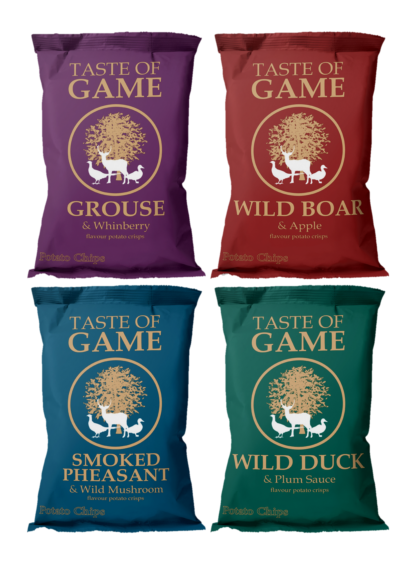Mixed Box - Wild Boar and Apple, Wild Duck and Plum, Grouse and Whinberry, Smoked Pheasant and Wild Mushroom Crisps 150g (Case of 12)