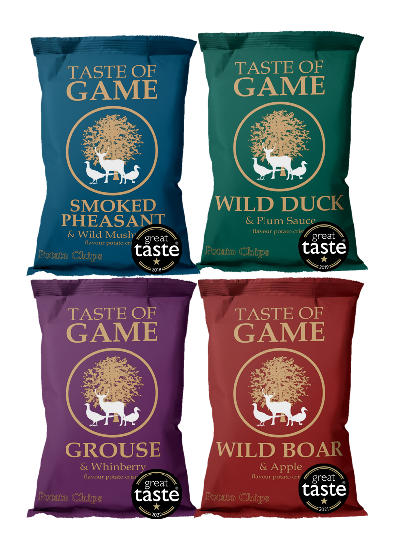 Mixed Box - Wild Boar and Apple, Wild Duck and Plum, Grouse and Whinberry, Smoked Pheasant and Mushroom Crisps 40g (Case of 24)
