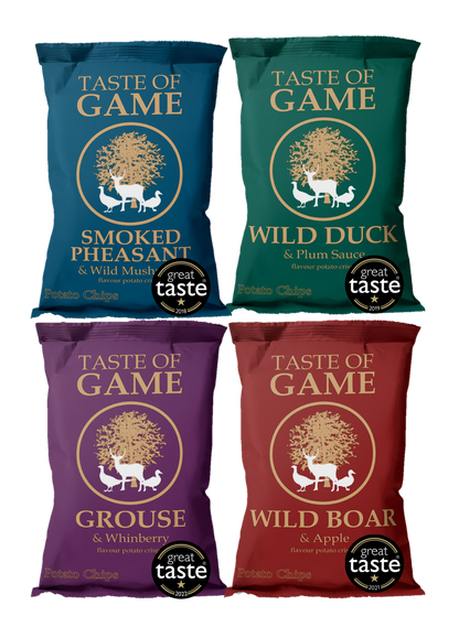 Mixed Box - Wild Boar and Apple, Wild Duck and Plum, Grouse and Whinberry, Smoked Pheasant and Mushroom Crisps 40g (Case of 24)