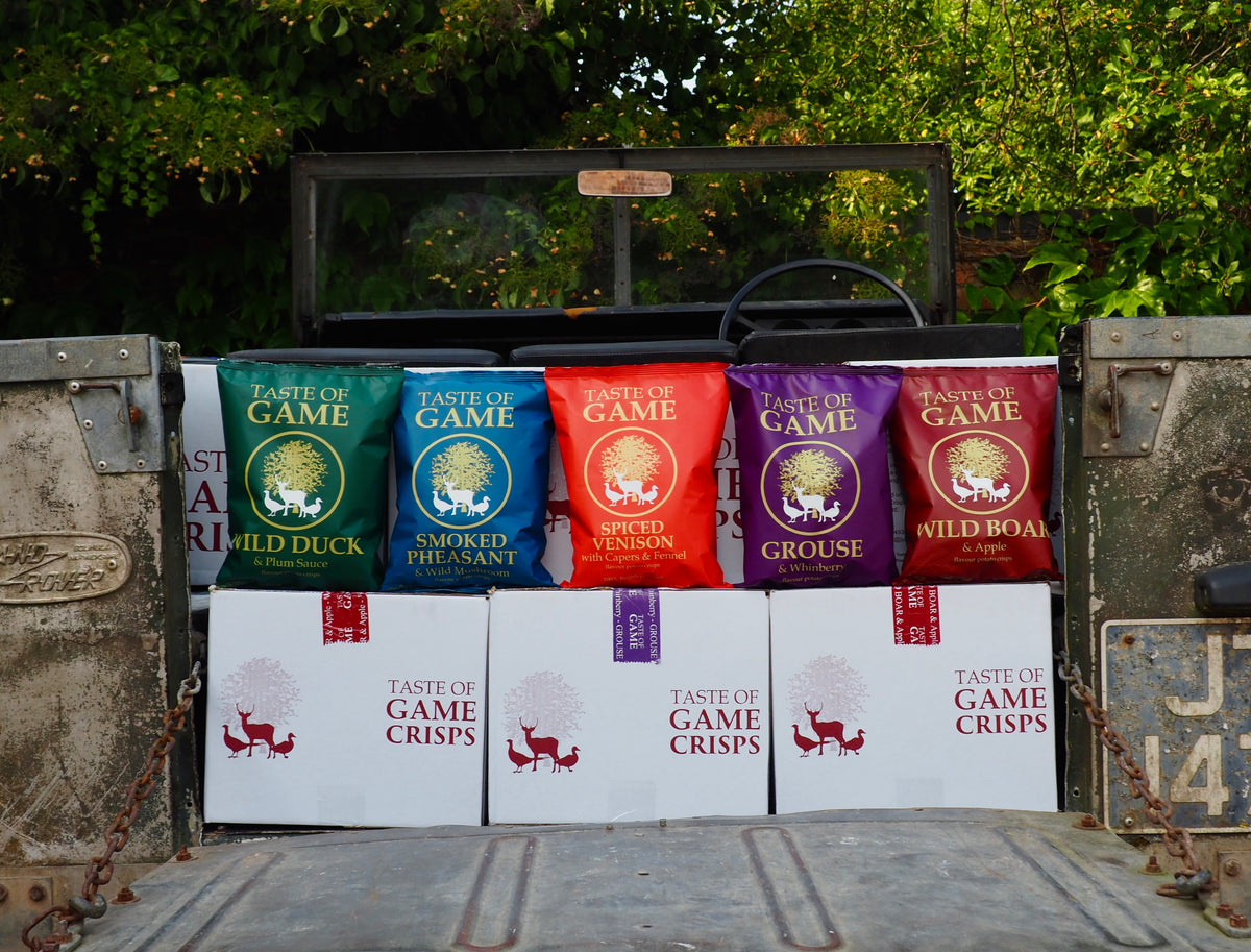 Mixed Box - Spiced Venison with Capers & Fennel, Wild Boar and Apple, Wild Duck and Plum, Grouse and Whinberry, Smoked Pheasant and Wild Mushroom Crisps 150g (Case of 12)