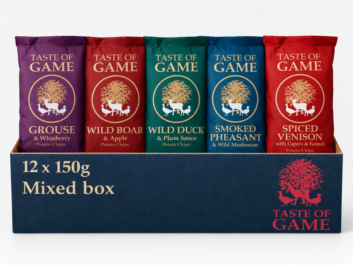 Mixed Box - Spiced Venison with Capers & Fennel, Wild Boar and Apple, Wild Duck and Plum, Grouse and Whinberry, Smoked Pheasant and Wild Mushroom Crisps 150g (Case of 12)