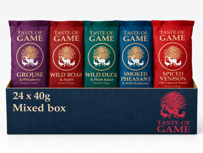 Mixed Box - Spiced Venison with Capers & Fennel, Wild Boar and Apple, Wild Duck and Plum, Grouse and Whinberry, Smoked Pheasant and Wild Mushroom Crisps 40g (Case of 24)