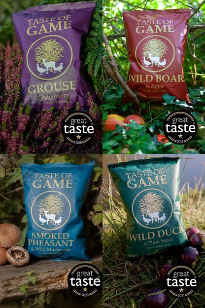 Mixed Box - Wild Boar and Apple, Wild Duck and Plum, Grouse and Whinberry, Smoked Pheasant and Wild Mushroom Crisps 150g (Case of 12)