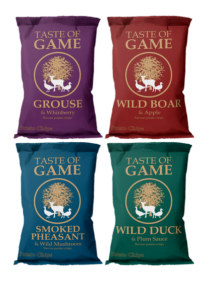 Mixed Box - Wild Boar and Apple, Wild Duck and Plum, Grouse and Whinberry, Smoked Pheasant and Wild Mushroom Crisps 150g (Case of 12)